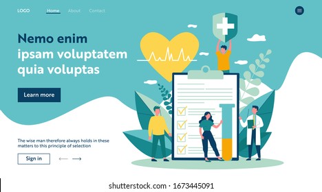 Patients and doctor advertising health insurance. People presenting medical checklist. Vector illustration for healthcare, protection, security, medical service concept