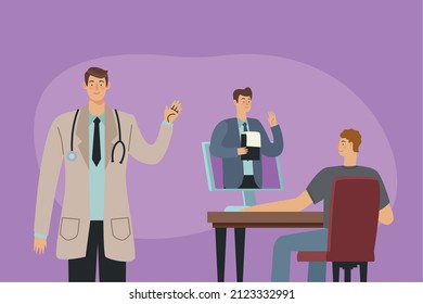 patients and doctor in desktop online consulting