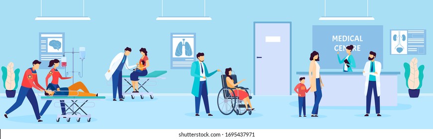Patients and doctor in hospital, disabled people at medics clinic, healthcare cartoon vector illustration. Medical center, sick people lie with dropper, emergency medicine clinic for consultation.
