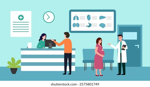 Patients and doctor in hospital lobby. Medic appointment in clinic. Medical center reception interior. Flat vector illustration