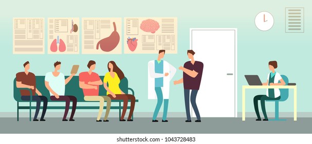 Patients And Doctor In Hospital Waiting Room. Disabled People At Doctors Office. Healthcare Vector Concept. Hospital And Patient With Doctor, Interior Medical Clinic Illustration