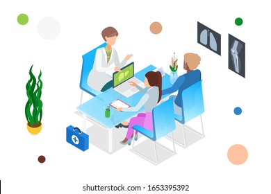 Pacientes en el médico Isomtric ilustración plana vectorial concepto de atención de la salud.
