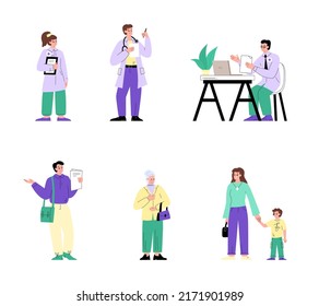 Patients and doctors characters set, flat vector illustration isolated on white background. Doctors and nurse with medical records and laptop. Man, senior woman and mother with child. Medical checkup.