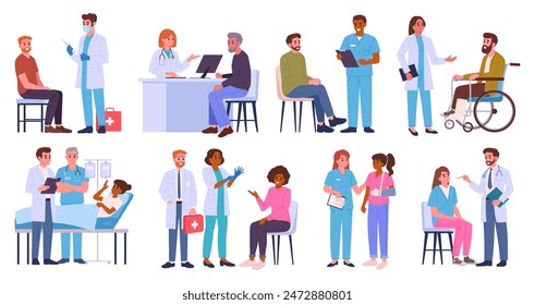 Patients and doctors. Medical staff with clinic patients, doctors and nurses diagnosing and advising patients flat vector illustration set. Hospital professional workers with patients characters