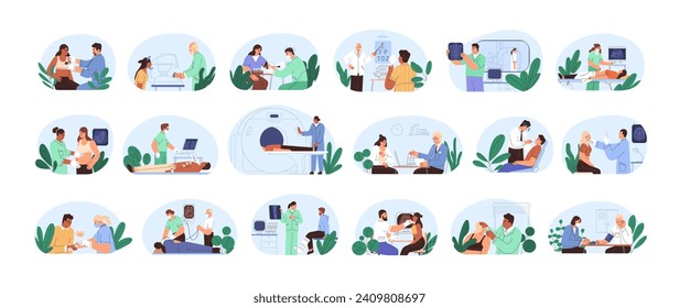 Patients and doctors set. Medical examination, health checkup and medicine treatment. Physicians office in hospital. Healthcare specialists. Flat vector illustration isolated on white background