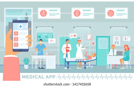 Patients with doctors vector, communication online and supports every day. Medical app. Lab and examination analysis and surgery application, consultation with specialist