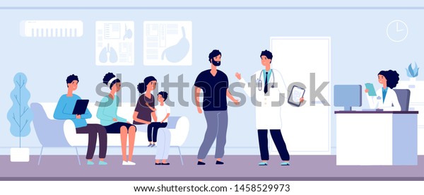 Patients in\
doctors waiting room. People wait hall in clinic at hospital\
reception, hospitalized persons, healthcare vector concept. Medical\
hall interior, clinic reception\
illustration