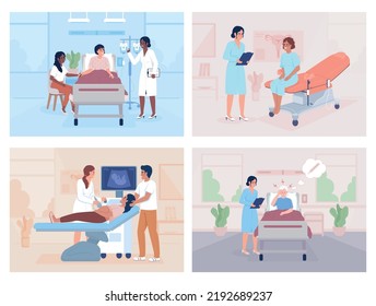 Patients Examination In Hospital Flat Color Vector Illustrations Set. Doctor Appointment. Healthcare. Fully Editable 2D Simple Cartoon Characters With Clinic Interior On Background Collection