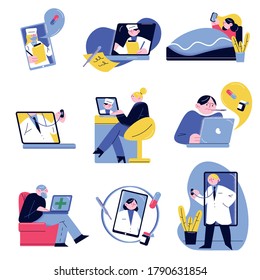 Patients getting help with telemedicine online and doctors helping via laptops and smartphones