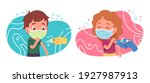 Patients girl, boy kids in masks get vaccine injection shot. Nurse person hands doing coronavirus vaccination medical procedure. Corona virus pandemic preventive measure flat vector illustration set