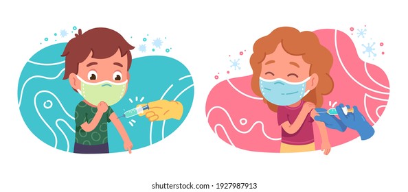 Patients girl, boy kids in masks get vaccine injection shot. Nurse person hands doing coronavirus vaccination medical procedure. Corona virus pandemic preventive measure flat vector illustration set