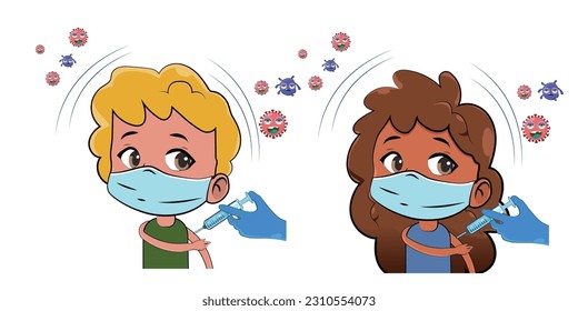 Patients girl, boy kids in masks get vaccine injection shot. Nurse person hands doing coronavirus vaccination medical procedure. Corona virus pandemic preventive measure flat vector illustration set