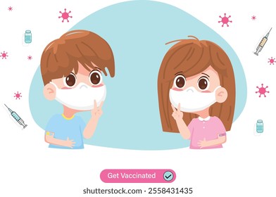 Patients girl, boy kids in masks get vaccine injection shot. Virus pandemic preventive measure flat vector illustration.