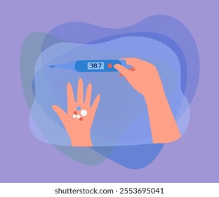 Patients hands holding electronic thermometer and pills. Sick person with high body temperature taking cold and flu medicines flat vector illustration. Pharmacy, medical care and equipment concept