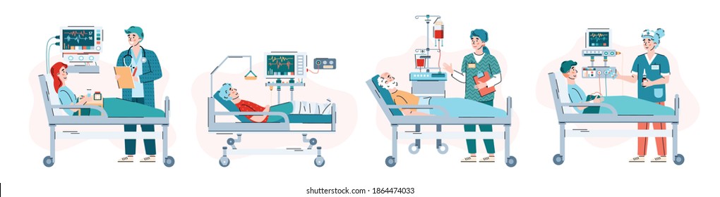 Patients in hospital beds with equipment for intensive therapy. Hospitalization and care of sick people during epidemic. Doctors treatment of ill people. Set of vector illustrations