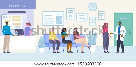 Patients in hospital hall flat vector illustration. People sitting in queue, waiting for doctors appointment in clinic reception area cartoon characters. Medicine and healthcare concept