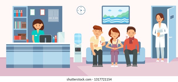 Patients in Hospital Reception Flat Illustration. Sitting People with Stomach Ache, Arm Fracture, Sore Throat. Cartoon Color Character. Emergency Room. Clinic Hall Interior Design Clipart.