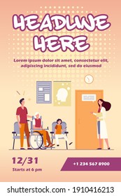 Patients in hospital waiting in line flat vector illustration. Cartoon characters talking with nurse, medical worker or therapist in corridor. Healthcare, health and medicine concept