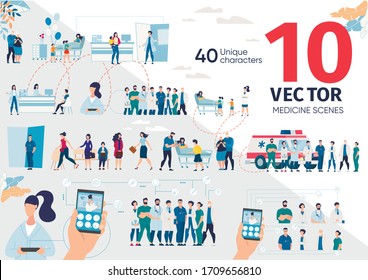 Patients Hospitalization, Mobile Services for Healthcare Trendy Flat Vector Scenes, Concepts Set. Modern Clinic Personnel, Medicine Professionals, Ambulance Team, People in Hospital Ward Illustrations