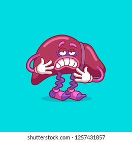 Patient's liver is severely twisted. Decoration for greeting cards, posters, patches, prints for clothes, emblems. Modern flat style thin line vector illustration isolated on blue background.