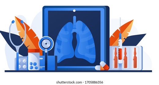 Patients lung radiography image. Tuberculosis, lung cancer, asthma diseases, coronavirus, infection. Pulmonology, respiratory medicine banner. Pharmacy, drugs and pills, stethoscope. Chest x-ray. 