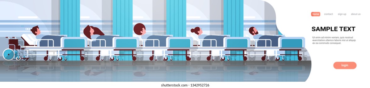 patients lying in bed intensive therapy ward healthcare concept hospital clinic room interior male female cartoon character flat horizontal banner copy space