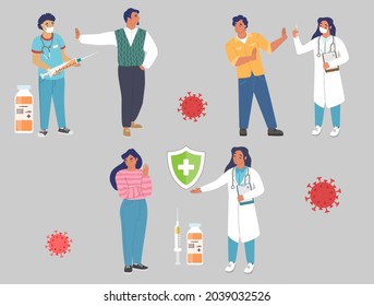 Patients, male and female characters showing stop hand sign to doctor with syringe, flat vector illustration. People anti vaxxers refusing covid-19 vaccine injection. Vaccine hesitancy. Anti vax.