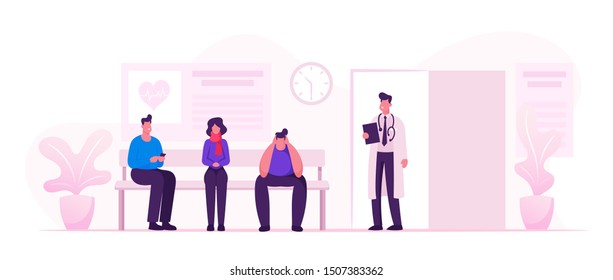 Patients Men and Women Sitting in Clinic or Hospital Hallway Waiting Doctors Appointment for Health Care Treatment. Practitioner Inviting Next Client for Consultation. Cartoon Flat Vector Illustration