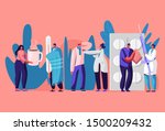 Patients Men and Women Visiting Clinic or Hospital for Doctor Appointment. Illness, Health Care Concept. Sick People Getting Treatment with Medicine and Hot Drinking. Cartoon Flat Vector Illustration