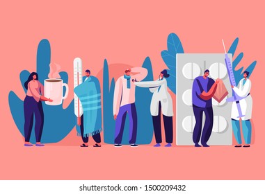 Patients Men and Women Visiting Clinic or Hospital for Doctor Appointment. Illness, Health Care Concept. Sick People Getting Treatment with Medicine and Hot Drinking. Cartoon Flat Vector Illustration