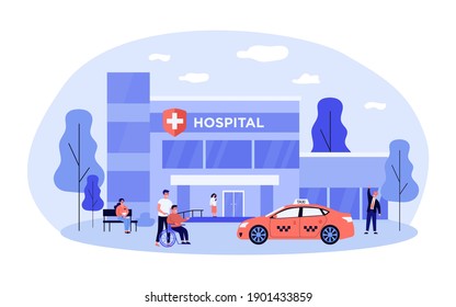 Patients, nurse, visitors and taxi in front of hospital. Wheelchair, baby, car flat vector illustration. Building exterior and medicine concept for banner, website design or landing web page