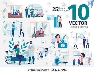 Patients on Doctors Appointment, Sick and Injured People Visiting Hospital, Medical Professionals Counseling Online Parents with Children, Senior People Scenes Trendy Flat Vector Illustrations Set