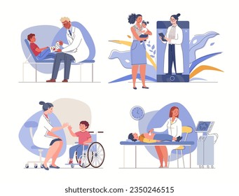 Pacientes en recepción en doctores de especialización estrecha y pediatra. Diagnóstico de la salud infantil. En la oficina del médico para el examen médico. Personajes vectoriales ilustraciones de caricaturas planas.