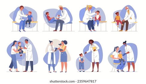 Patienten an der Rezeption bei Kinderarzt, Traumatologie, Neurologe, Dermatologe. Diagnose der Gesundheit von Kindern. Geplante Impfung. Vektorgrafiken mit flachen Cartoon-Illustrationen.