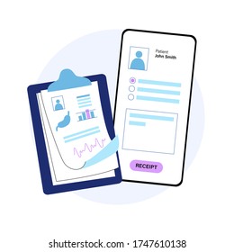 Patients profile in online clinic or pharmacy app on the smartphone. Application for consultation by internet. Remote diagnostic concept. Flat vector illustration. Medical poster. Doctors report