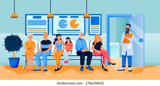 Patients queue at clinic reception. People in hospital waiting for family doctor or therapist consultation. Vector flat cartoon characters illustration. Medical insurance and healthcare concept.