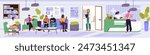 Patients are in queue for doctor treatment. People are on sofa in waiting room of hospital horizontal banner. Medic appointment in clinic. Medical center reception interior. Flat vector illustration