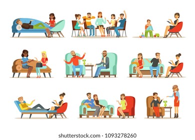 Patients at a reception at the psychotherapies. People talking to psychologist. Psychotherapy counseling, colorful Illustrations