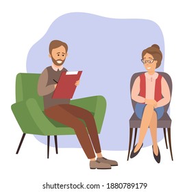 Patients at a reception at the psychotherapies. Woman talking to psychotherapist or psychologist and answer questions. A man sits in a chair and listens to the client's problems. Family psychotherapy