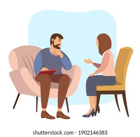 Patients at a reception at the psychotherapies. Woman talking to psychotherapist or psychologist and answer questions. A man sits in a chair and listens to the client's problems. Family psychotherapy