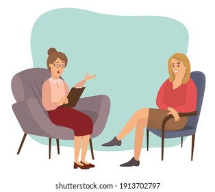 Patients at a reception at the psychotherapies. Woman talking to psychotherapist or psychologist and answer questions. Female sits in a chair and listens to the client's problems. Family psychotherapy