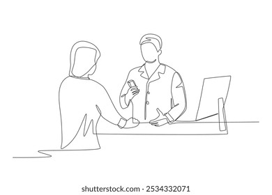 Patients redeem their medicines at the pharmacy. Pharmaceutical companies concept one-line drawing