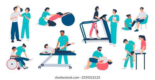 Patients rehabilitation. People restore mobility of joints. Limbs and develop muscles under physiotherapists supervision. Disabled persons physiotherapy treatment. Garish