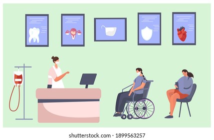 Patients Sitting in Chairs and Waiting for Doctor's Appointment Time at Hospital.Men and Women at Physician's Office or Clinic. Hospital Queue and Registry Service in Quarantine.Vector Illustrstion