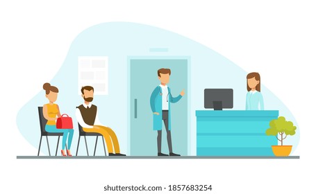 Patients Sitting on Chairs and Waiting in Queue in Hospital Hall, Reception of Medical Clinic Vector Illustration