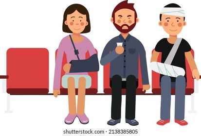 Patients Sitting On Red Chair. People Waiting For Doctor Appointment