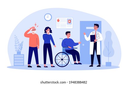 Patients Standing In Queue In Hospital Hall. Doctor, Clinic, Visit Flat Vector Illustration. Medicine And Treatment Concept For Banner, Website Design Or Landing Web Page