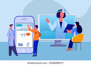 Patients using medical app on smartphone vector illustration. Woman consulting doctor online via telemedicine, doctors using electronic health devices. Medical technology, health care concept