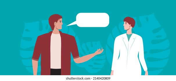 Patient's visit to doctor. Flat vector stock illustration. Consultation in clinic or hospital. Doctor in white coat. People on background of leaves, plants