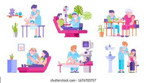 Patients visit doctor vector illustration. Cartoon happy pregnant, mother with kid, old people visiting hospital for medical consultation. Checkup, ultrasound scan, pressure measurement, injection set